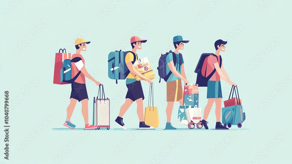 Fototapeta premium Group of people with backpacks and bags walking together, colorful and fun illustration.