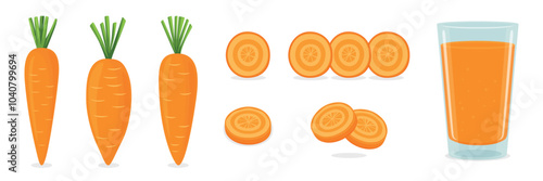 Flat Vector Cartoon Carrot Illustration Set. Whole and Sliced Isolated Carrots with Fresh Carrot Juice Glass. Colorful, Fun Design Template, Clipart for Food and Drink Concept