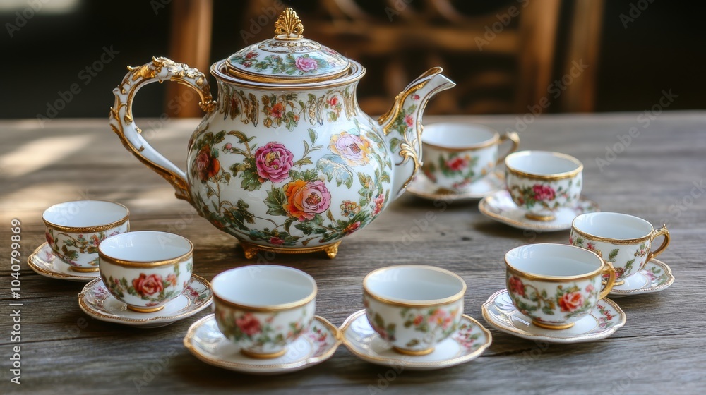 Elegant 19th Century Porcelain Tea Set Display Elegant 19th Century Porcelain Tea Set Display
