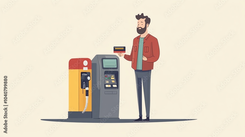 Man at gas station, holding card, standing by gas pump, light background. Man at gas station, holding card, standing by gas pump, light background.