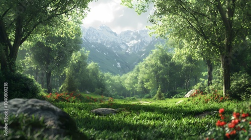 Fototapeta Naklejka Na Ścianę i Meble -  A Lush Forest Clearing with Snow-capped Mountains in the Distance