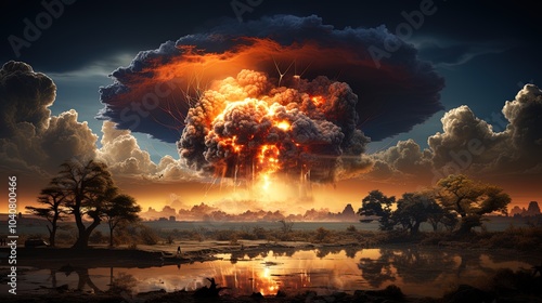 Gigantic apocalyptic explosion on a large plain with a large river, trees.