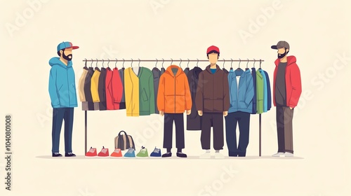 Stylish men showcasing a collection of jackets on a rack, casual shopping scene. photo