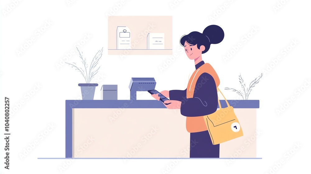 Woman using smartphone at a modern counter with plants in a minimalist workspace. Woman using smartphone at a modern counter with plants in a minimalist workspace.