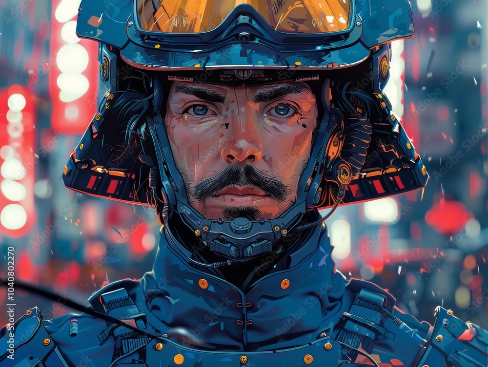 A futuristic soldier stands in a neon-lit city during a rainy evening. Generative AI A futuristic soldier stands in a neon-lit city during a rainy evening. Generative AI