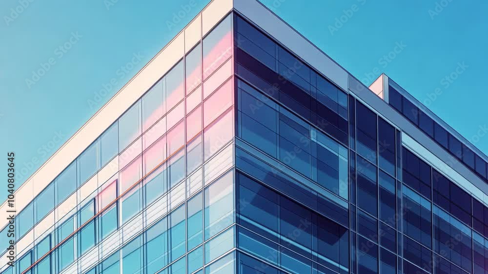 A modern office building with a glass facade stands tall against a clear blue sky A modern office building with a glass facade stands tall against a clear blue sky