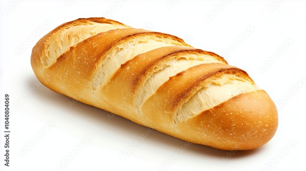 A crispy baguette with a golden-brown crust, isolated on white background A crispy baguette with a golden-brown crust, isolated on white background