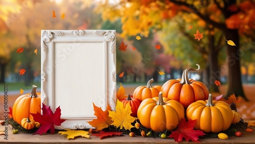 thanksgiving day autumn festive card with pumpkins fall autumnal leaves and white photo frame on background of blurred trees in park empty place for your text