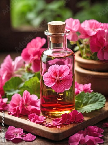 A clear glass bottle of geranium oil is placed on a wooden tray, surrounded by freshly picked geranium flowers