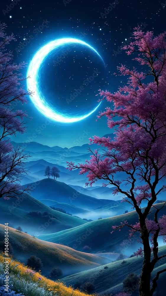 Serene Full Moon Night with Tree Silhouettes Serene Full Moon Night with Tree Silhouettes