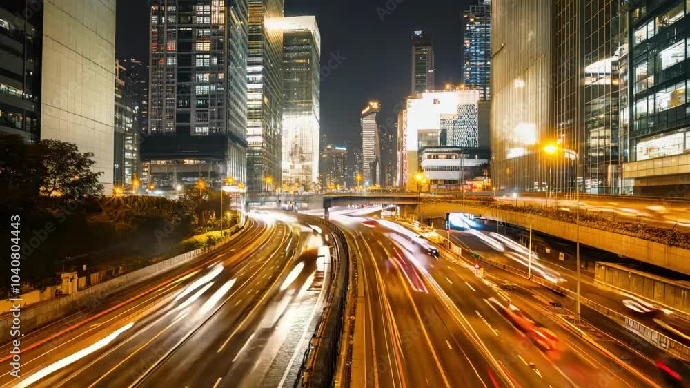 Dynamic Cityscape: Timelapse of Modern Buildings and Traffic Flowing in Twilight Dynamic Cityscape: Timelapse of Modern Buildings and Traffic Flowing in Twilight