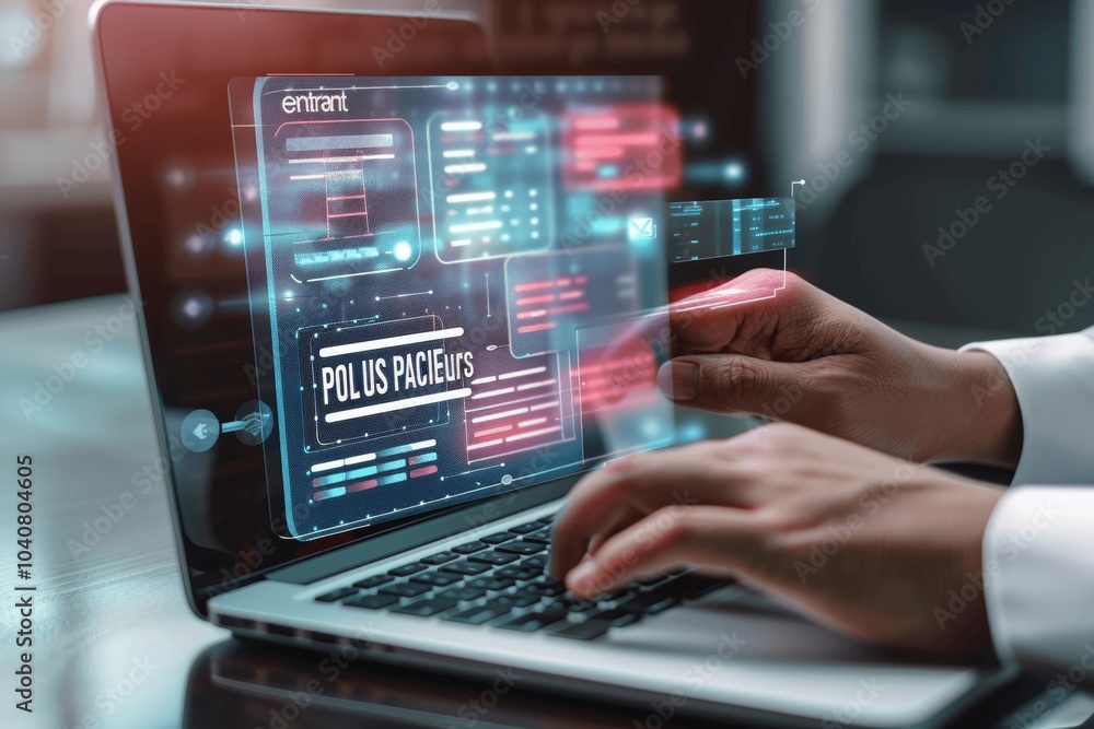 Businessman Using Laptop and Digital Screen for Document Management with Virtual Interface Businessman Using Laptop and Digital Screen for Document Management with Virtual Interface