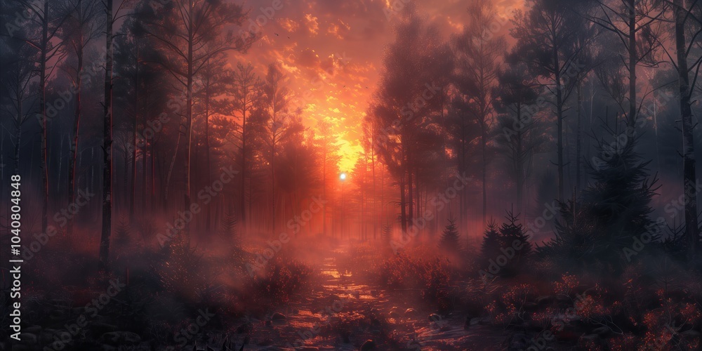 Golden sunset casting warm light through a misty forest landscape. Generative AI Golden sunset casting warm light through a misty forest landscape. Generative AI