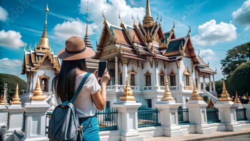 Woman using smartphone standing on the background of Wat Traimit during her vacation in Bangkok photo