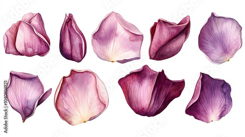 Watercolor illustration of 10 pink rose petals isolated on white background.