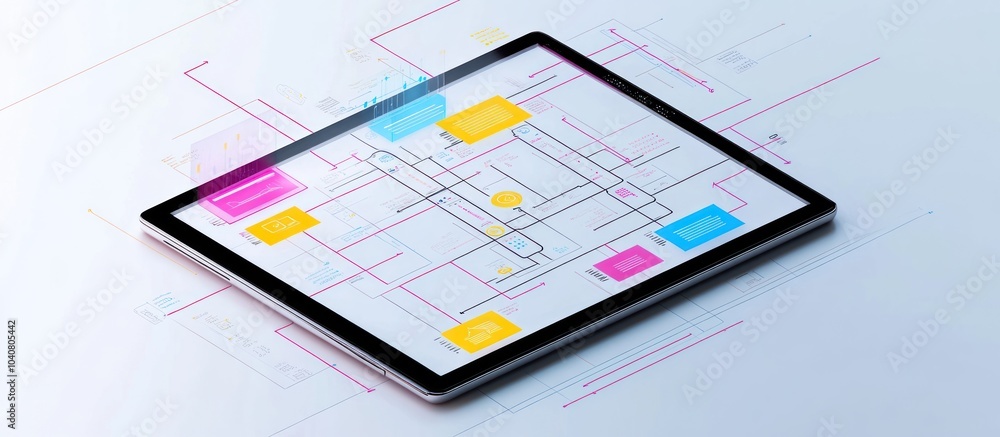 Digital tablet with a diagram of connected dots and lines on a white background. Digital tablet with a diagram of connected dots and lines on a white background.