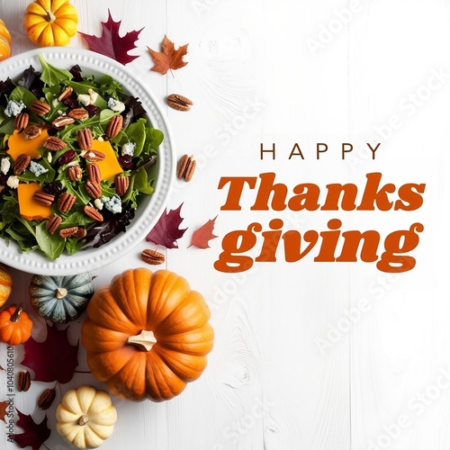 Composition of happy thanksgiving day text over salad photo