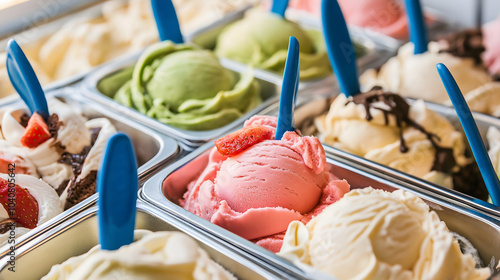 Variety of colorful ice cream flavors displayed with a scoop in each ice cream container at a modern ice cream parlor, celebrating Ice Cream Day