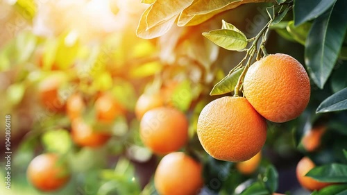 Ripe oranges hang from a tree branch in a sunny orchard