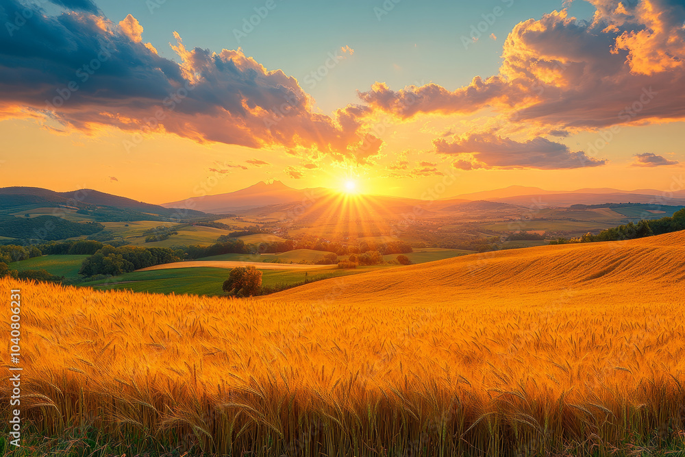 Obraz premium A beautiful sunset over a field of golden wheat