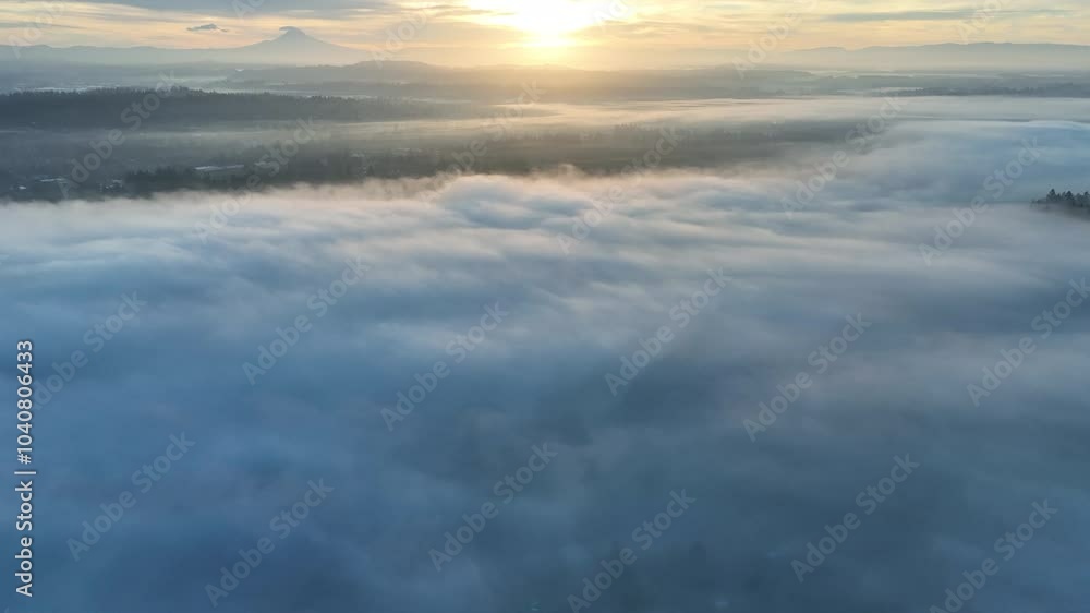 Early morning fog drifts through the Willamette Valley in West Linn, Oregon. This scenic area lies just south of the Pacific Northwest city of Portland.