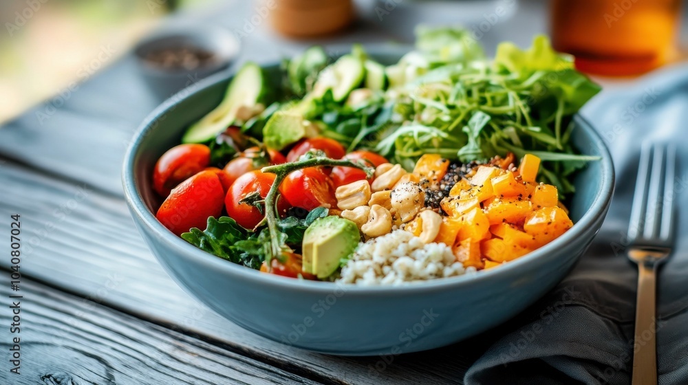 Vegetarian concept. A bowl of food with a fork and knife on a table Vegetarian concept. A bowl of food with a fork and knife on a table