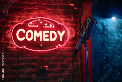 A spotlight highlights the comedy stage featuring a microphone and a vibrant neon sign in a lively club setting at night