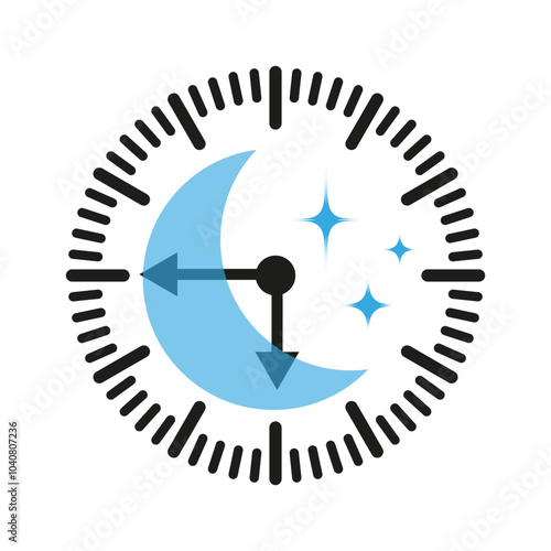 Night time icon. Clock with moon. Stars and time symbol. Blue and black graphic.