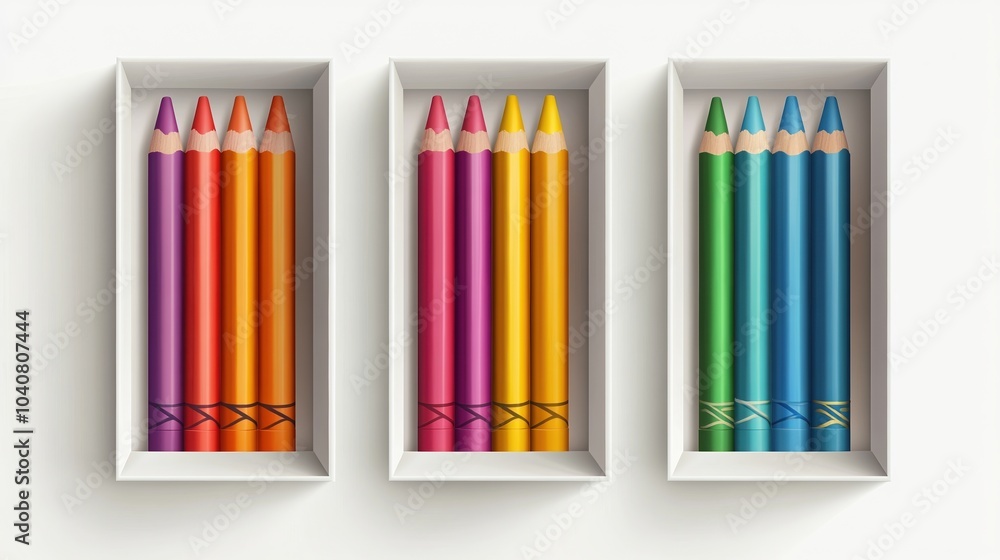 Fototapeta premium A Vibrant Set Of Boxes Each Filled With Colorful Crayons Arranged In A Bright And Creative Workspace