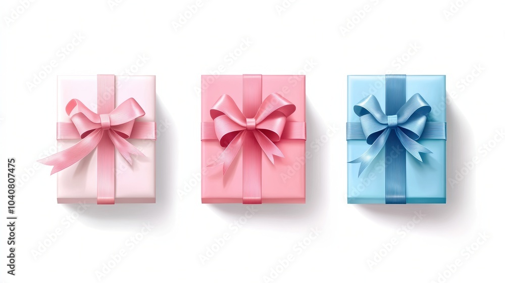 A Vibrant Trio Of Gift Boxes Featuring Pink, Pastel Pink, And Blue Colors, Adorned With Elegant Bows, Perfect For Celebrations And Special Occasions A Vibrant Trio Of Gift Boxes Featuring Pink, Pastel Pink, And Blue Colors, Adorned With Elegant Bows, Perfect For Celebrations And Special Occasions
