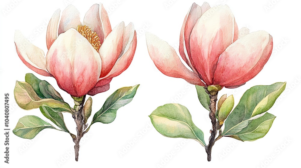 Two watercolor illustrations of pink magnolia flowers with green leaves on white background. Two watercolor illustrations of pink magnolia flowers with green leaves on white background.