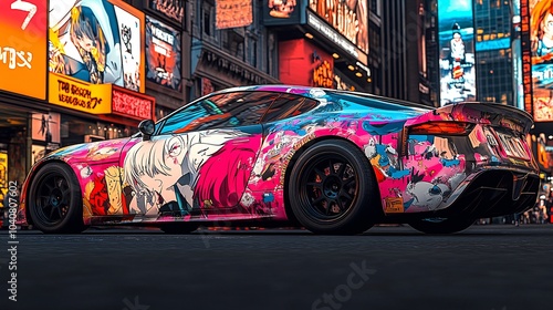 car wrap design, famous anime characters and scenes seamlessly integrated into urban cityscape, vibrant colors, dynamic composition, glossy finish, photorealistic rendering, 3D effect, flowing lines, 
