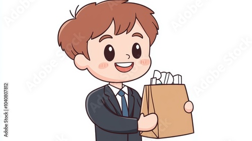 A joyful cartoon character in a suit, holding a bag, radiating positivity and style. Perfect for a fun portrayal photo