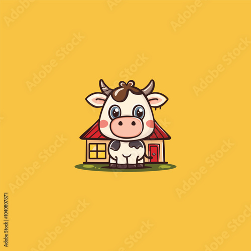 cow with farmhouse logo icon vector illustration