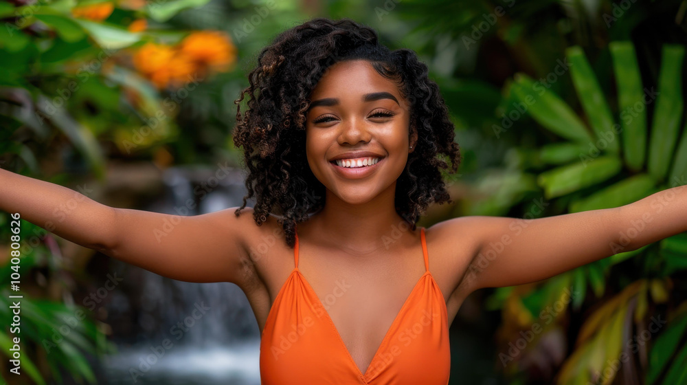 A joyful woman embraces freedom in nature, arms open wide, basking in the warm sun and fresh air. A joyful woman embraces freedom in nature, arms open wide, basking in the warm sun and fresh air.