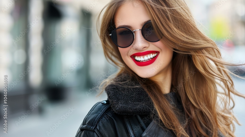 Trendy summer fashion shines in this vibrant closeup of a joyful woman, capturing her smile amid city streets. Trendy summer fashion shines in this vibrant closeup of a joyful woman, capturing her smile amid city streets.