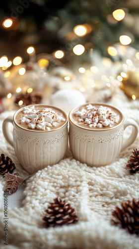 wo vintage white porcelain cups with artisanal designs, filled with coffee and cream, set against a white background with christmas decorations and lights