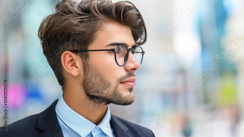 A confident young man shows off his stylish beard and smart outfit, exuding charisma on a bright sunny day outdoors.