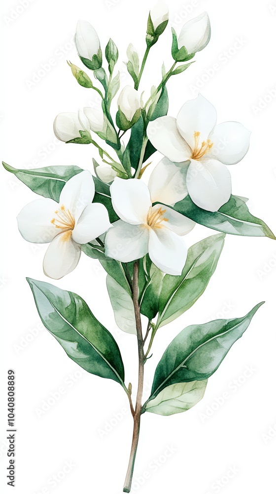 A watercolor painting of a white jasmine flower with green leaves on a white background. A watercolor painting of a white jasmine flower with green leaves on a white background.