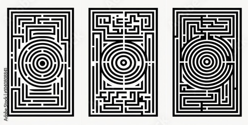 Black and White Vector Pattern Design of Abstract Mazes in Three Unique Panels

