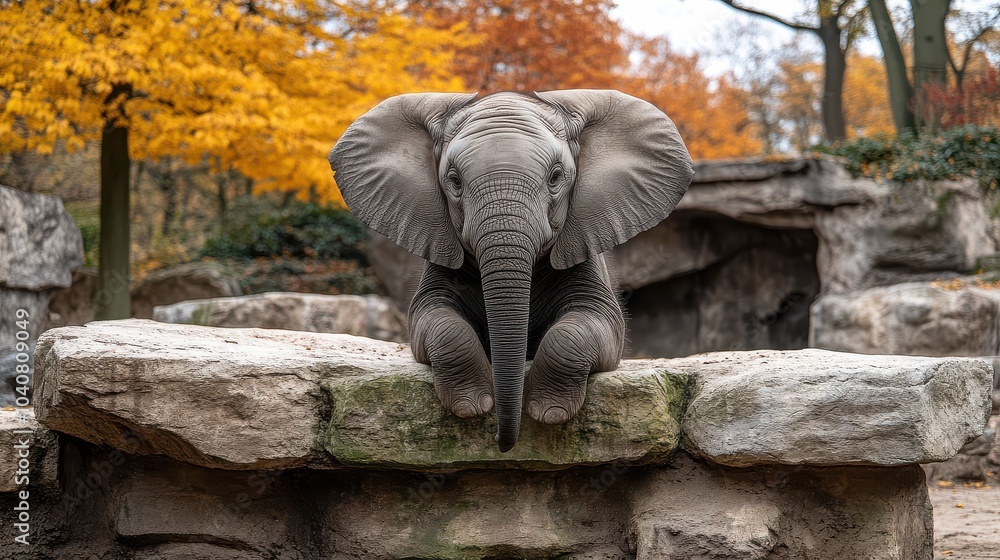 Baby Elephant Resting on a Rock with Autumn Foliage in the Background Baby Elephant Resting on a Rock with Autumn Foliage in the Background