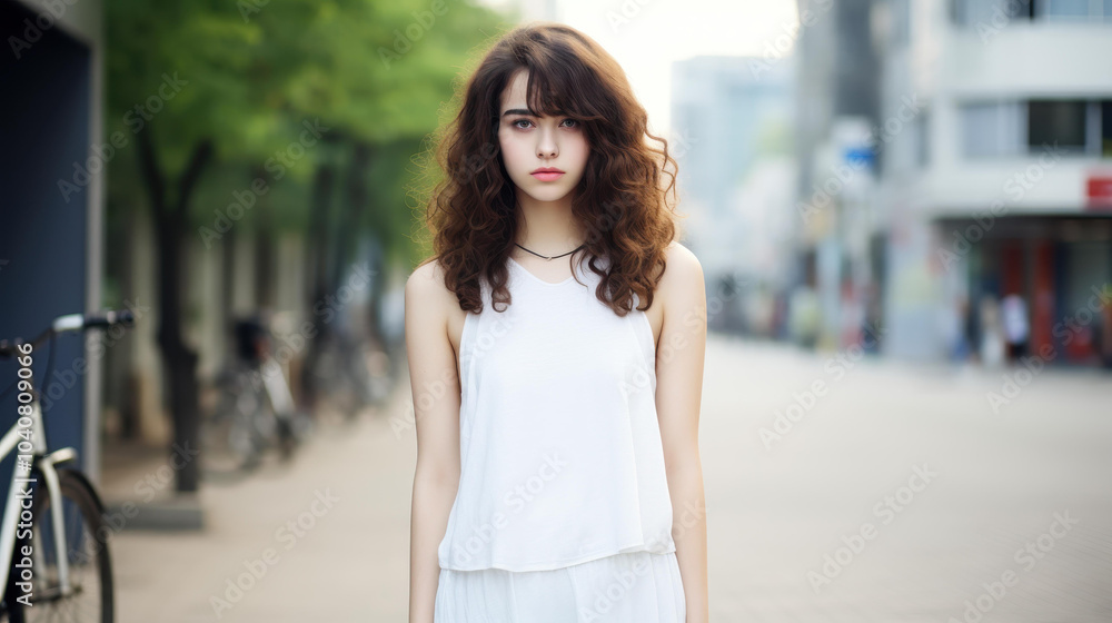 Fototapeta premium A stunning girl strolls through the city streets, showcasing her stylish dress against an urban backdrop.