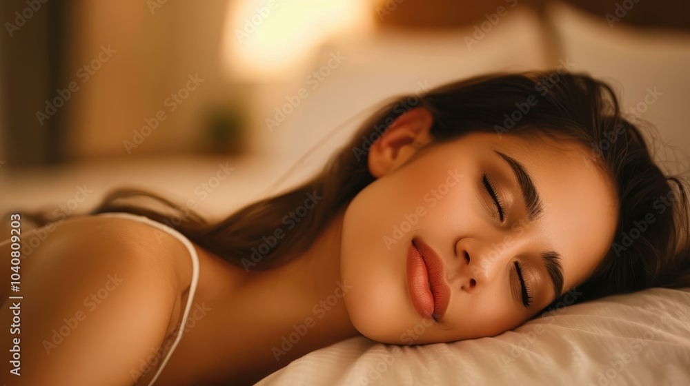 A serene young woman peacefully sleeps in a cozy bed, her smile radiating tranquility and joy. A serene young woman peacefully sleeps in a cozy bed, her smile radiating tranquility and joy.