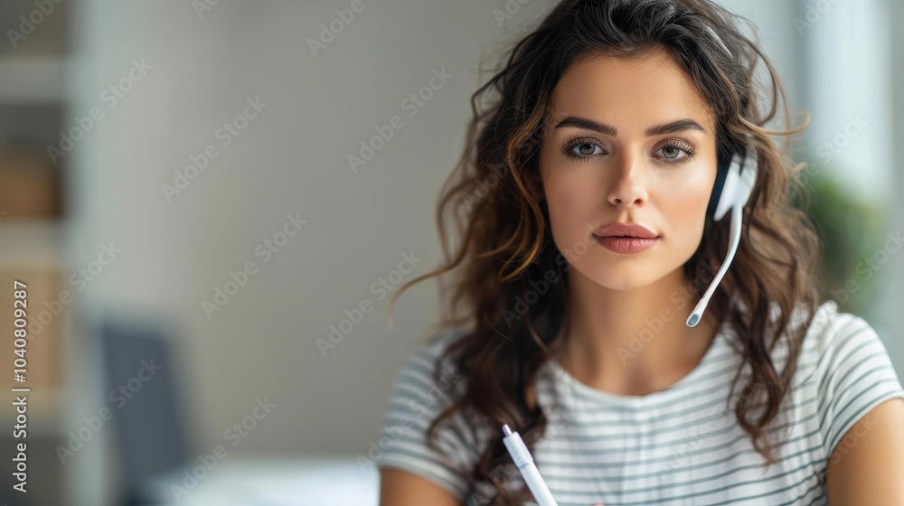 A focused young woman in a headset jotting down notes while immersed in her tasks at the office. A focused young woman in a headset jotting down notes while immersed in her tasks at the office.