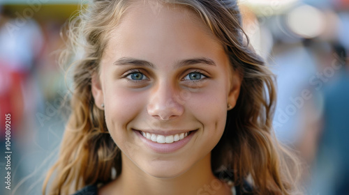 A vibrant summer festival filled with laughter and joy, where a beautiful young woman captivates the cameras gaze. photo