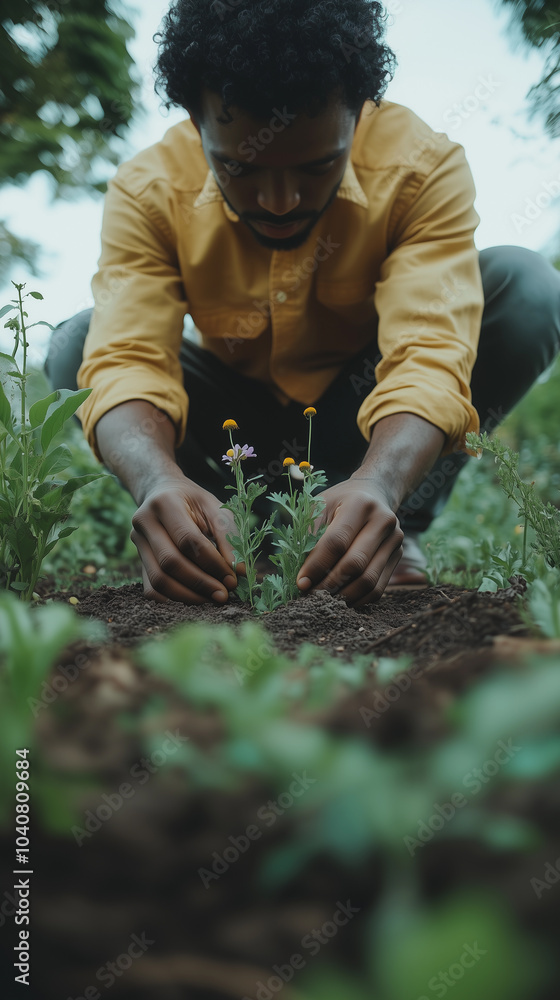 african american latin man planting in the soil, working with his hands on a farm to protect the environment