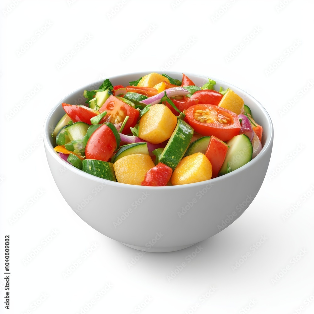 Minimalist 3D representation of a bowl of spicy Thai salad, featuring fresh vegetables, isolated on a white background Minimalist 3D representation of a bowl of spicy Thai salad, featuring fresh vegetables, isolated on a white background