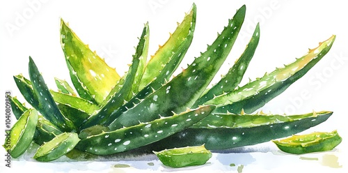 Watercolor illustration of a fresh green aloe vera plant.