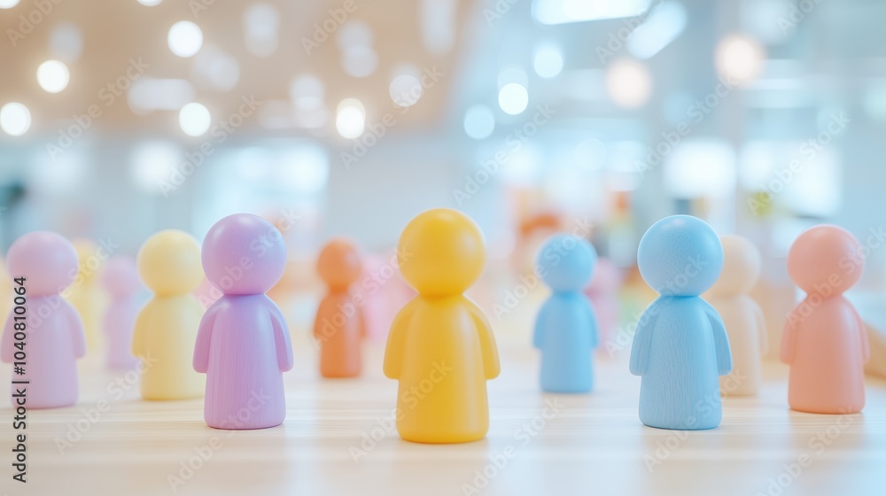 Colorful wooden figures stand in a row on a soft-lit background, representing diversity and teamwork. Perfect for projects related to community, collaboration, or human connection. Colorful wooden figures stand in a row on a soft-lit background, representing diversity and teamwork. Perfect for projects related to community, collaboration, or human connection.