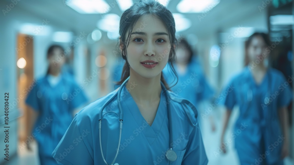 A woman in blue scrubs standing next to other women. AI. A woman in blue scrubs standing next to other women. AI.
